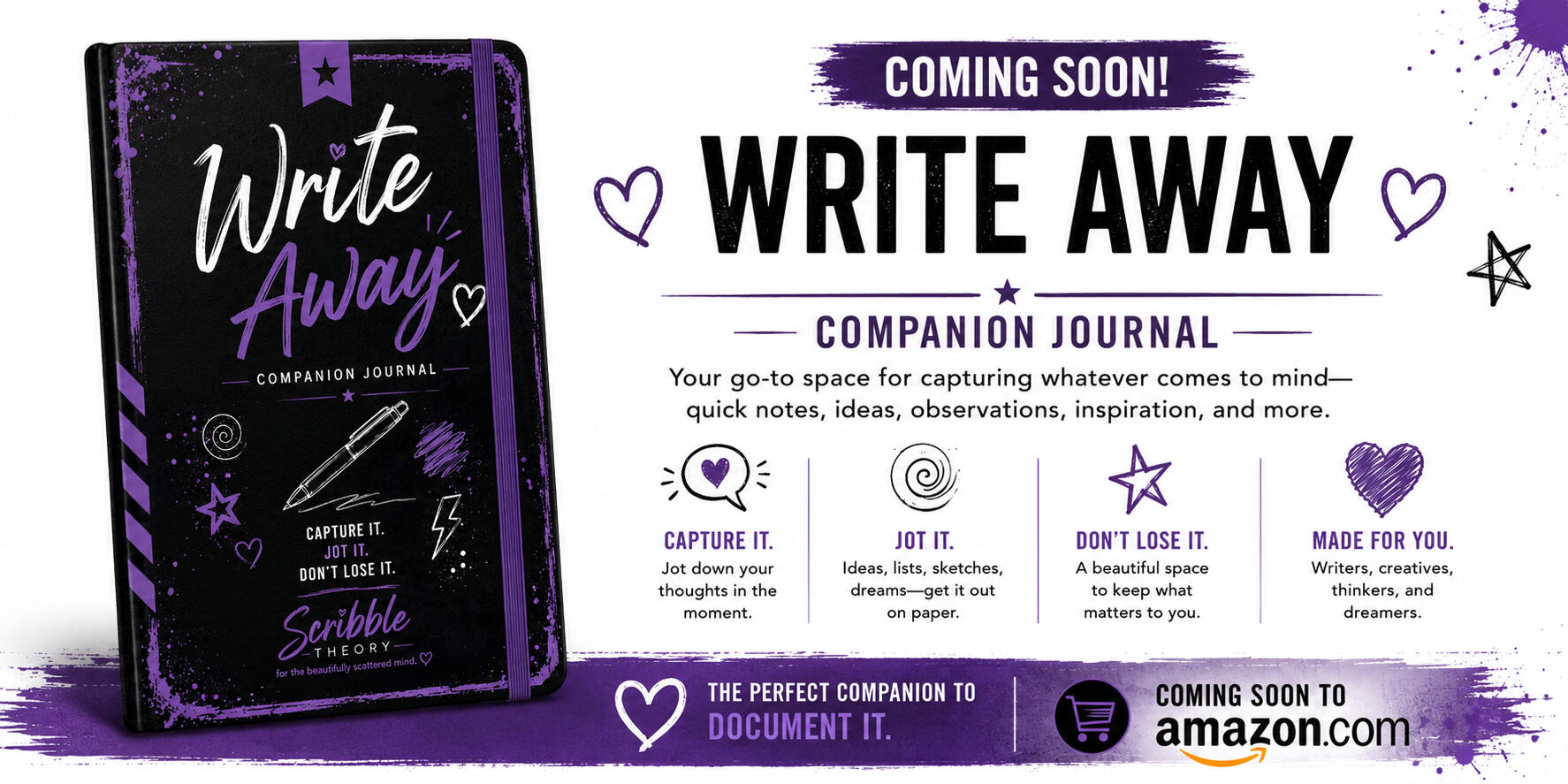Promotional graphic for Write Away, a companion journal by Scribble Theory. The image features the Write Away journal cover with text describing it as a space for capturing notes, ideas, observations, inspiration, and everyday thoughts. Coming soon on Amaz