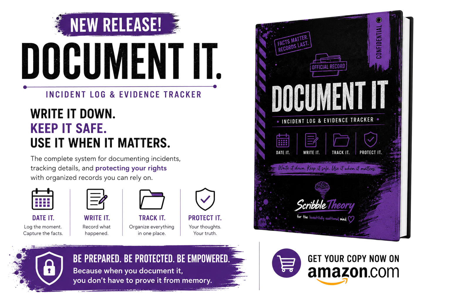 Promotional graphic for Document It, an incident log and evidence tracker from Scribble Theory. The image features the Document It journal cover alongside text describing its purpose for documenting incidents, tracking evidence, organizing records, and pro